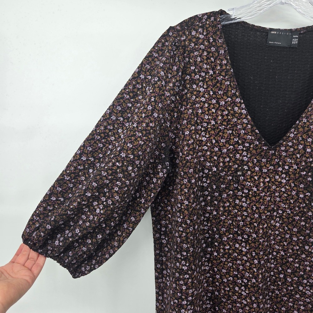 ASOS DESIGN Petite Midi Dress 10 Black Floral Puff Sleeve Boho Cottagecore - Picture 2 of 7